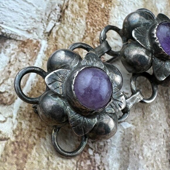 Unique Vintage Sterling Silver Flower Floral Links Amethyst Brooch Pin Mexico 2" - Picture 10 of 14